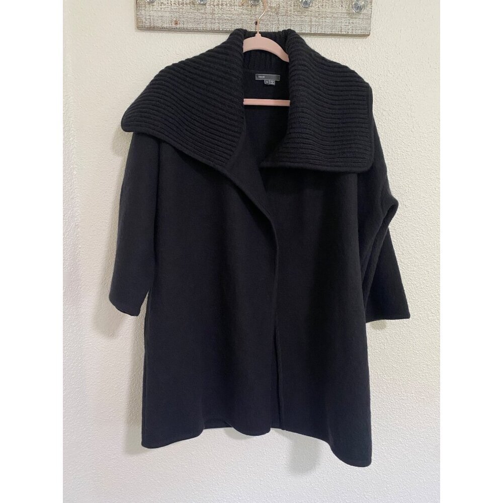 Vince Black Wool Ribbed Collar Open Front Poncho Coat Small Quiet Luxury - Picture 3 of 13